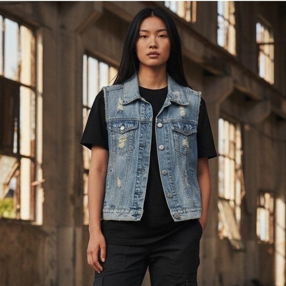 GAP - Women Denim Vest Destressed – Medium Wash‎